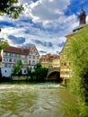 Regnitz river running through the old town of Bamberg on a beautiful German summerÃ¢â¬â¢s day.